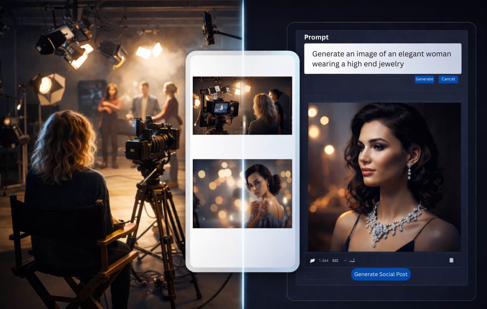 A professional, split-screen visual showing a traditional film set on one side and a minimalist AI prompt interface on the other, with a social media feed bridging the two.